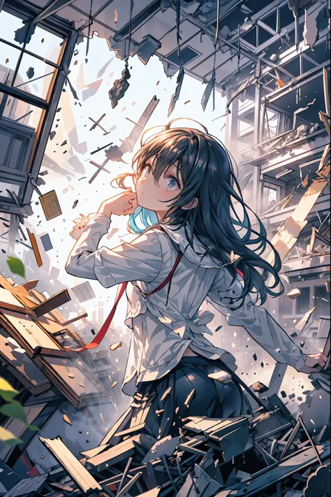 ((from above:1.2)),Quite a bird's-eye view、I can see my whole body，Super Powers Homeless、Psychic Standing Inside the Collapsed Building、stunned expression、Strenuous Posture、Destroyed environment、Dark and Desolate Atmosphere、4K ultra-high definition photo、R...