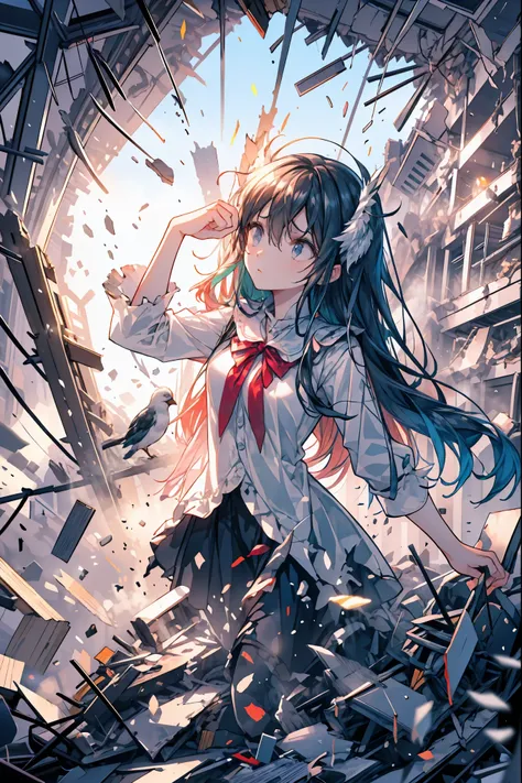 ((from above:1.2)),Quite a bird's-eye view、I can see my whole body，Super Powers Homeless、Psychic Standing Inside the Collapsed Building、stunned expression、Strenuous Posture、Destroyed environment、Dark and Desolate Atmosphere、4K ultra-high definition photo、R...