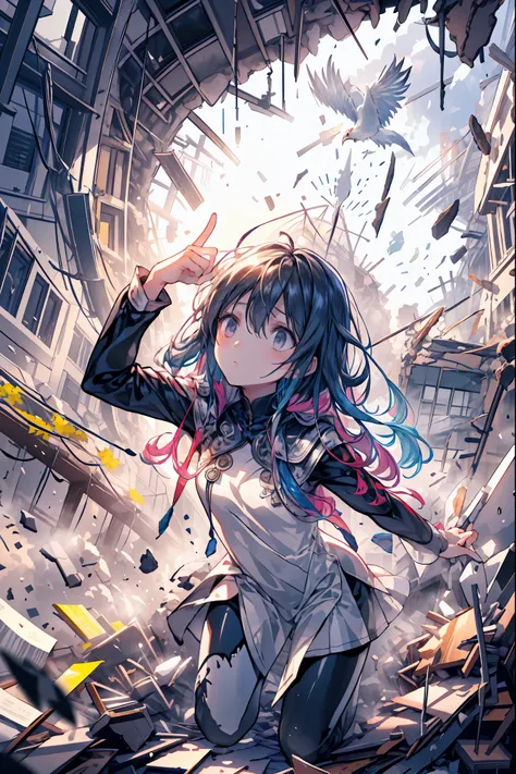 ((from above:1.2)),Quite a bird's-eye view、I can see my whole body，Super Powers Homeless、Psychic Standing Inside the Collapsed Building、stunned expression、Strenuous Posture、Destroyed environment、Dark and Desolate Atmosphere、4K ultra-high definition photo、R...