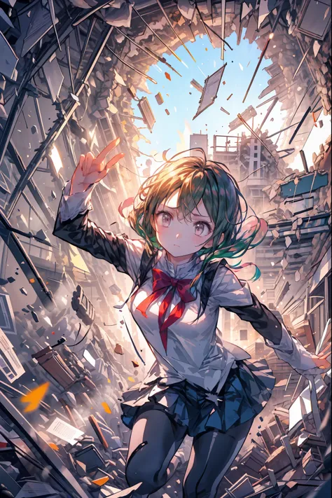 ((from above:1.2)),Quite a bird's-eye view、I can see my whole body,Super Powers Homeless、Psychic Standing Inside the Collapsed Building、stunned expression、Strenuous Posture、Destroyed environment、Dark and Desolate Atmosphere、4K ultra-high definition photo、R...