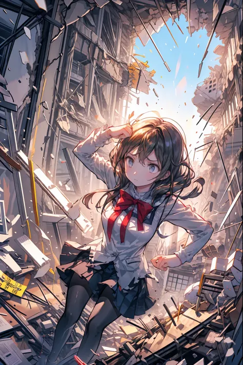 ((from above:1.2)),Quite a bird's-eye view、I can see my whole body,Super Powers Homeless、Psychic Standing Inside the Collapsed Building、stunned expression、Strenuous Posture、Destroyed environment、Dark and Desolate Atmosphere、4K ultra-high definition photo、R...