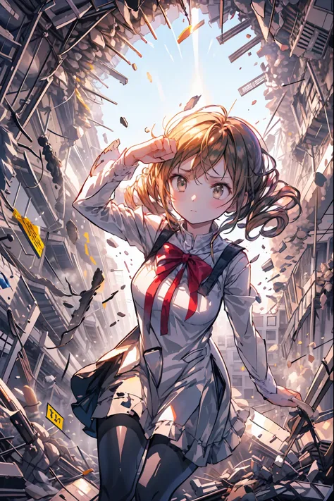 ((from above:1.2)),Quite a bird's-eye view、I can see my whole body,Super Powers Homeless、Psychic Standing Inside the Collapsed Building、stunned expression、Strenuous Posture、Destroyed environment、Dark and Desolate Atmosphere、4K ultra-high definition photo、R...