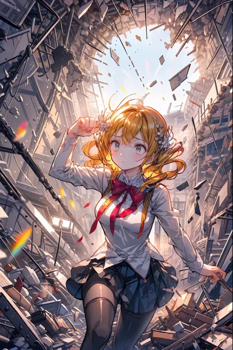 ((from above:1.2)),Quite a bird's-eye view、I can see my whole body,Super Powers Homeless、Psychic Standing Inside the Collapsed Building、stunned expression、Strenuous Posture、Destroyed environment、Dark and Desolate Atmosphere、4K ultra-high definition photo、R...