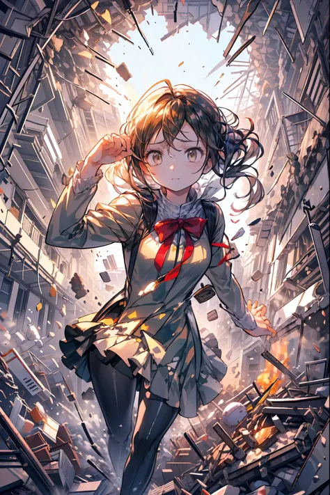 ((from above:1.2)),Quite a bird's-eye view、I can see my whole body,Super Powers Homeless、psychic standing inside a collapsed building with a pretty bird's-eye view、Did it again、Tehepero、stunned expression、Strenuous Posture、Destroyed environment、Dark and De...