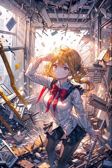 ((from above:1.2)),Quite a bird's-eye view、I can see my whole body,Super Powers Homeless、psychic standing inside a collapsed building with a pretty bird's-eye view、Did it again、Tehepero、stunned expression、Strenuous Posture、Destroyed environment、Dark and De...