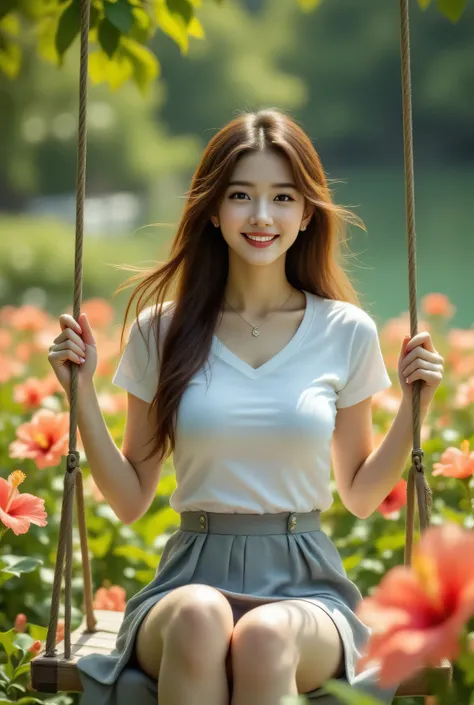 (8k, Highest Quality, masterpiece), ( realistic , photo realistic : 1.37), Very detailed, 1 Japanese woman (sit on the swing、On the flower field){Wearing a T-shirt } , detailed eyes、 very fine skin , hair fluttering in the wind 、dreamy,超 realist...