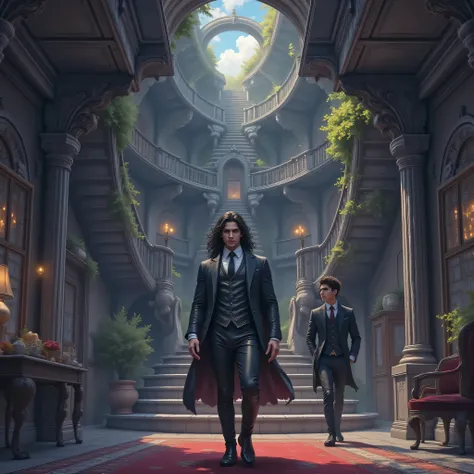 Elegant young man with a large shoulder, strong biceps, black long hair, black eyes, a white hat. He has a mysterious lovely face. He is walking through a dark rouin castle hall, dark wood furniture, velvet carpets. In the background there are complicated ...