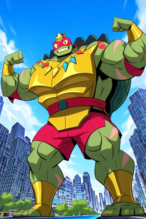 A giant muscular ninja turtle barbarian raphael, golden armor, bigger golden bracelets with colorful jewels, golden necklaces with colorful jewels, golden shoulder pads, golden crown with colorful jewels, golden boots, looking at viewer, flexing his powerf...