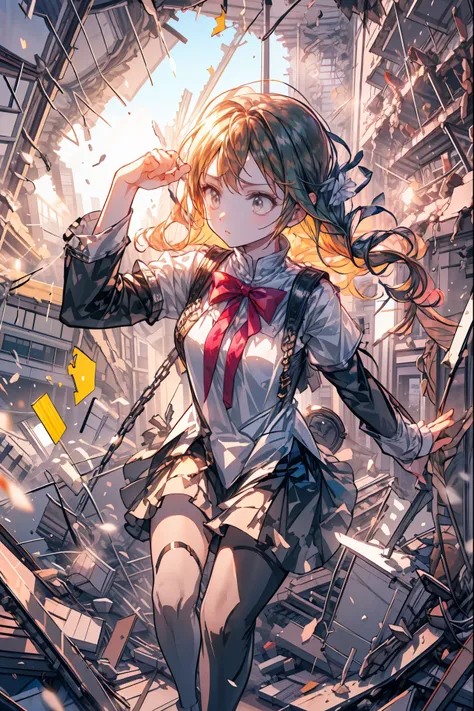 ((from above:1.2)),Quite a bird's-eye view、I can see my whole body,Super Powers Homeless、psychic standing inside a collapsed building with a pretty bird's-eye view、Did it again、Tehepero、stunned expression、Strenuous Posture、Destroyed environment、Dark and De...