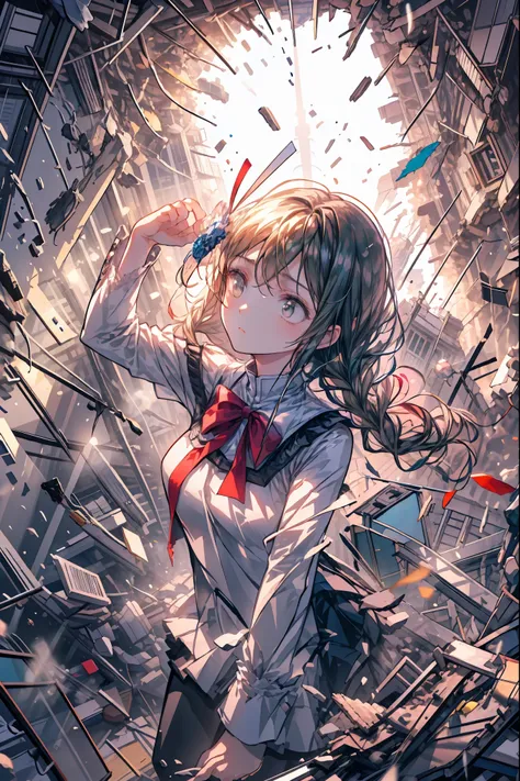 ((from above:1.2)),Quite a bird's-eye view、I can see my whole body,Super Powers Homeless、psychic standing inside a collapsed building with a pretty bird's-eye view、Did it again、Tehepero、stunned expression、Strenuous Posture、Destroyed environment、Dark and De...