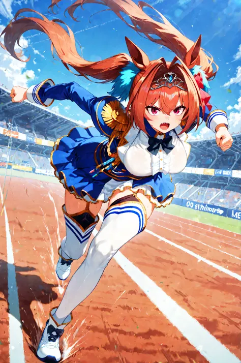 1 girl , (Daiwa Scarlet), {{{masterpiece}}}, {{{Highest Quality}}}, {{ultra-detail}}, {Illustration}, anime, Uma Musume: pretty derby , {{full body}}, Sprint in a forward leaning position, is running at full speed, motion blur, Shining Contours, with dynam...