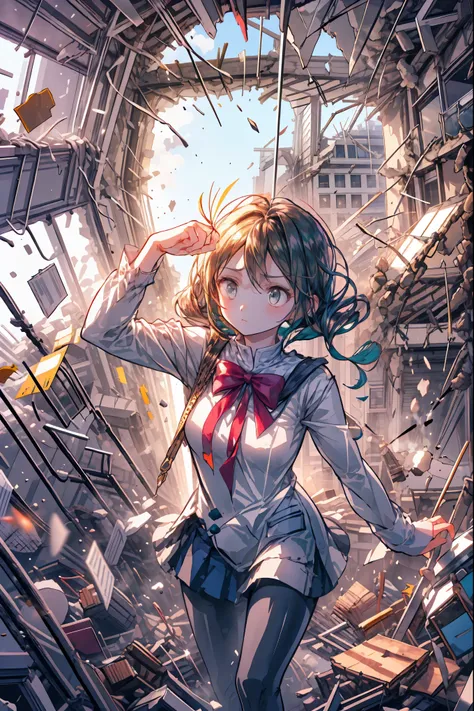 ((from above:1.2)),Quite a bird's-eye view、I can see my whole body,winter pajamas、Super Powers Homeless、psychic standing inside a collapsed building with a pretty bird's-eye view、Did it again、Tehepero、stunned expression、Strenuous Posture、Destroyed environm...