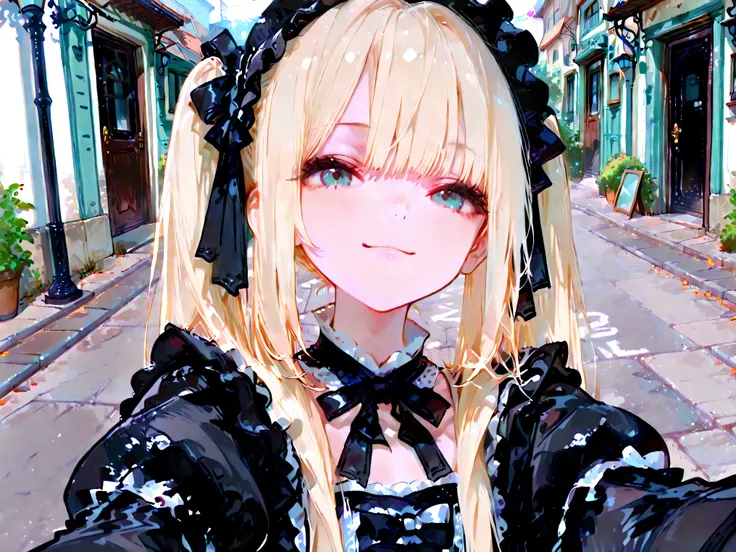 one woman,Blonde,long hair,twin tails,Gothic Lolita,Smile Yan,Street,sunny day,selfie,professional,High Quality,4K,HDR