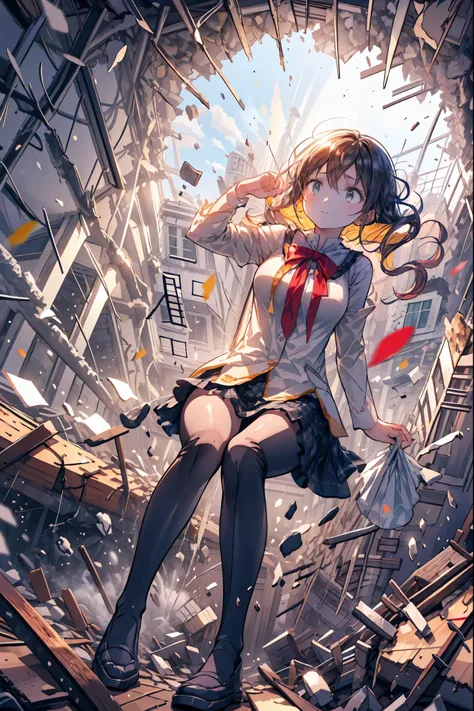 ((from above:1.2)),Quite a bird's-eye view、I can see my whole body,((pajamas)),anatomically correct hand,correct foot anatomically correct、Super Powers Homeless、psychic standing inside a collapsed building with a pretty bird's-eye view、Did it again、Teheper...