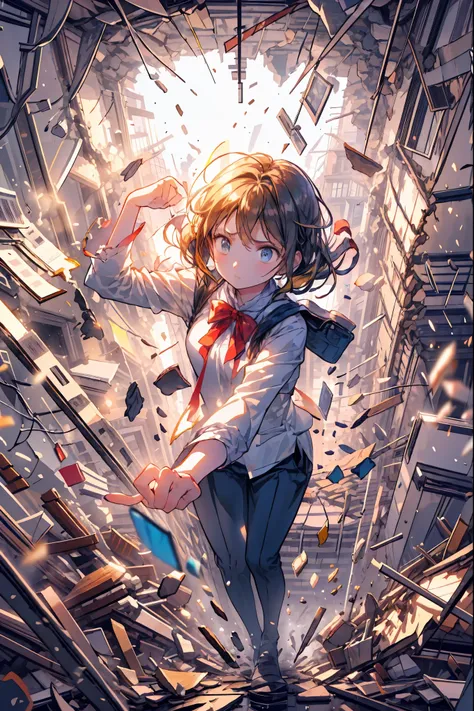 ((from above:1.2)),Quite a bird's-eye view、I can see my whole body,((pajamas)),anatomically correct hand,correct foot anatomically correct、Super Powers Homeless、psychic standing inside a collapsed building with a pretty bird's-eye view、Did it again、Teheper...