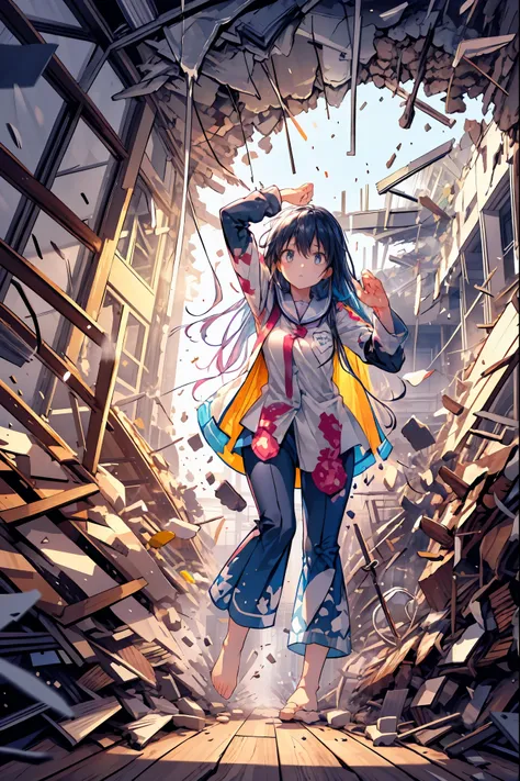 ((from above:1.2)),Quite a bird's-eye view、I can see my whole body，((pajamas))，anatomically correct hand，correct foot anatomically correct、Super Powers Homeless、psychic standing inside a collapsed building with a pretty bird's-eye view、Did it again、Teheper...