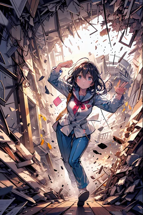 ((from above:1.2)),Quite a bird's-eye view、I can see my whole body，((pajamas))，anatomically correct hand，correct foot anatomically correct、Super Powers Homeless、psychic standing inside a collapsed building with a pretty bird's-eye view、Did it again、Teheper...