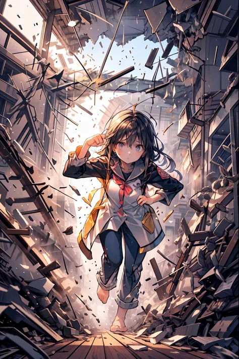 ((from above:1.2)),Quite a bird's-eye view、I can see my whole body，((pajamas))，anatomically correct hand，correct foot anatomically correct、Super Powers Homeless、psychic standing inside a collapsed building with a pretty bird's-eye view、Did it again、Teheper...