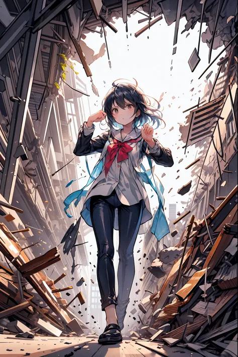 ((from above:1.2)),Quite a bird's-eye view、I can see my whole body,((pajamas)),anatomically correct hand,correct foot anatomically correct、Super Powers Homeless、psychic standing inside a collapsed building with a pretty bird's-eye view、Did it again、Teheper...