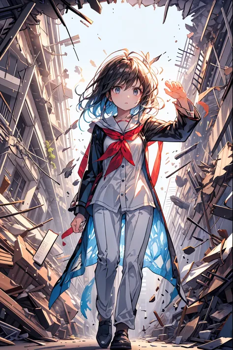 ((from above:1.2)),Quite a bird's-eye view、I can see my whole body,((pajamas)),anatomically correct hand,correct foot anatomically correct、Super Powers Homeless、psychic standing inside a collapsed building with a pretty bird's-eye view、Did it again、Teheper...