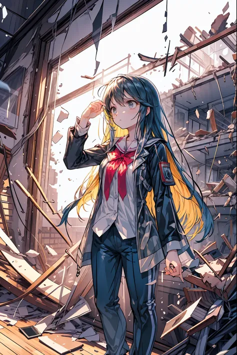 ((from above:1.2)),Quite a bird's-eye view、I can see my whole body,((pajamas)),anatomically correct hand,correct foot anatomically correct、Super Powers Homeless、psychic standing inside a collapsed building with a pretty bird's-eye view、Did it again、Teheper...