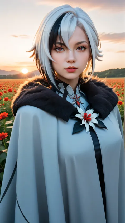 1girl, solo,arlecchino,short hair,, multicolored hair,white hair with black stripe, outdoors,potrait,big breast,nature,standing,(sunrise:1.5),flower field, close up,sunrise, looking at viewer,(wear cloak:1.5),close up,(black glove:1.5)