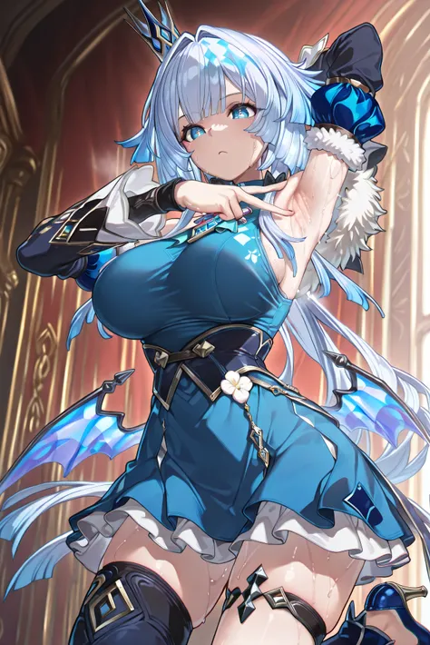 脇の下クローズアップ 、v, spread armpit, presenting armpit,cerydra, 1girl, crown, mini crown, black thighhighs, blue dress, hair bow, black bow, detached sleeves, asymmetrical legwear, frills, bare shoulders, collarbone,  thigh strap, thighhighs, blue footwear, high ...