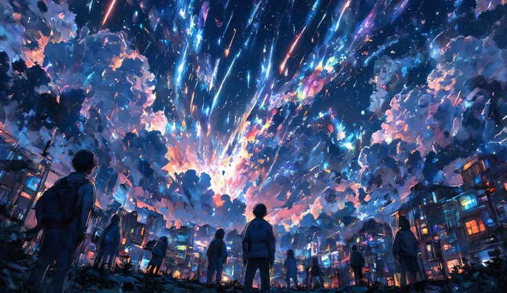 dutch angle view of a very beautiful end-of-the-world scene, tremendous so many beautiful meteors falling to beautiful lively city blasting through the clouds. Very dynamic dramatic picture. The sky is beautifully spread out in an impossible and unusual vi...