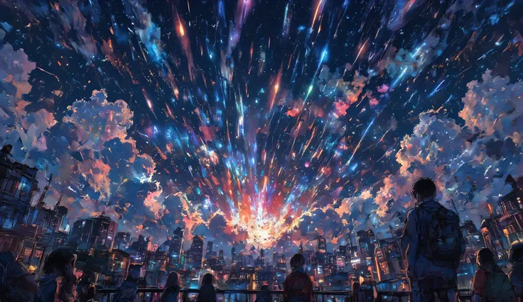 dutch angle view of a very beautiful end-of-the-world scene, tremendous so many beautiful meteors falling to beautiful lively city blasting through the clouds. Very dynamic dramatic picture. The sky is beautifully spread out in an impossible and unusual vi...