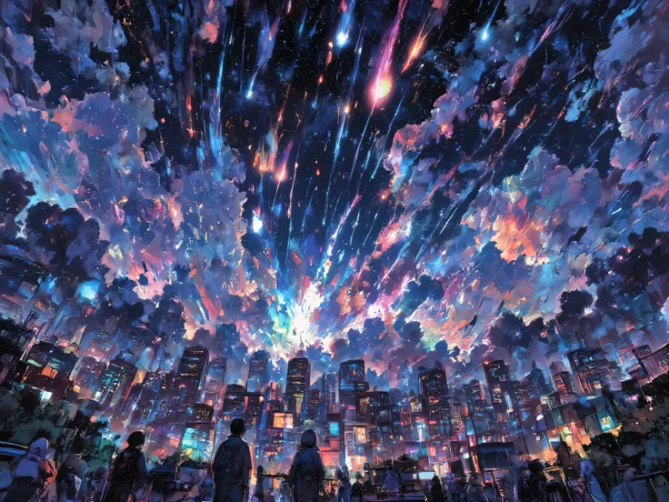 dutch angle view of a very beautiful end-of-the-world scene, tremendous so many beautiful meteors falling to beautiful lively city blasting through the clouds. Very dynamic dramatic picture. The sky is beautifully spread out in an impossible and unusual vi...
