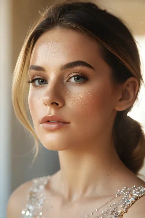 Final resolution, Artistic masterpiece, dettaglio perfetto , Face of a woman in the foreground, Ombre delicate, Soft natural light, , Mineral particles building decorations