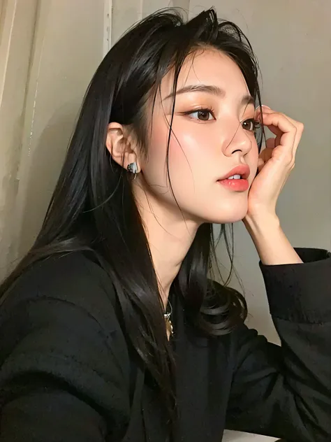 Jenny kim, long and big hair,      voluptuous breasts     , sensual look at the camera,   Attractive Face  ,      big breasts