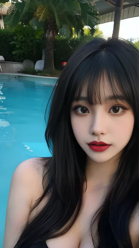 1 girl, beautiful girl,((( big tits))), long black hair, straight hair, hair with bangs,((( bangs))), black eyeliner, black lipstick, realistic, pool, bikini, ((( half body)))