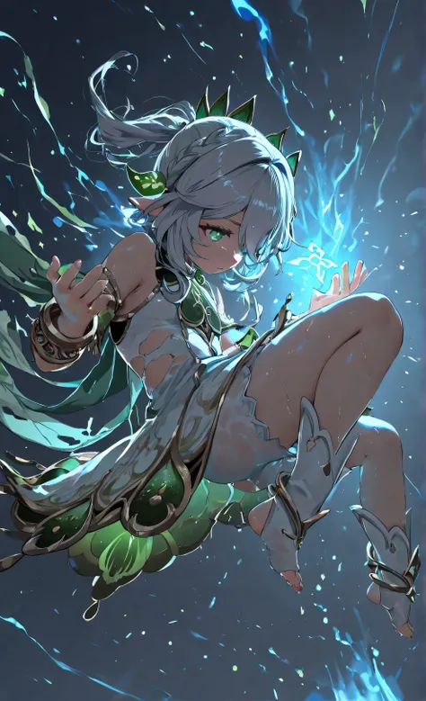 Nahida (genshin impact) ,Floating,masterpiece, high quality, very beautiful, High contrast, semi-realistic, newest,balancing ,particles of blue light , aura azul brilliant,dynamic position ,high angle,brilliant skin,brilliant ,score_9 , score_8_above , s...