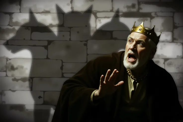 Photorealistic cinematic scene. King Eurystheus recoils in panic as Cerberus, the three-headed hellhound, stands before him. The king is positioned on the right side of the frame, dressed in regal robes with a golden crown slightly askew. His face is conto...