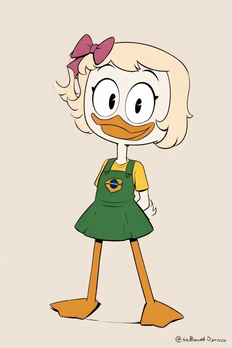 A beautiful photo of a beautiful patriot, Webby_Vanderquack! She is dressed in a yellow CBF shirt and a blonde green dress, besides having a Brazilian flag covering her back.
