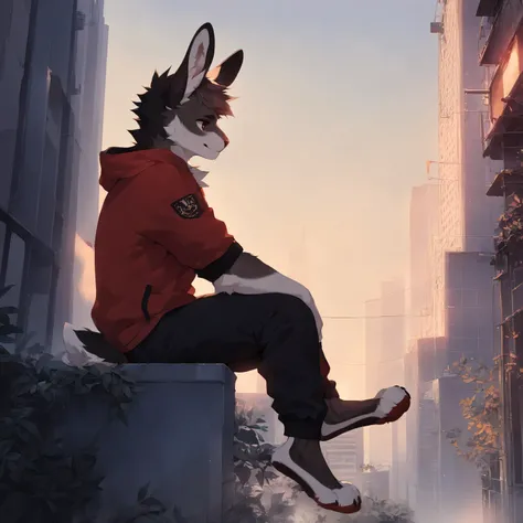 Anthropomorphic Eastern cottontail rabbit (furry), sitting on the edge of a city rooftop at night. He is wearing a dark red hoodie and dark grey sweatpants. Camera angled slightly from behind and to the side, showing his profile as he looks out across the ...