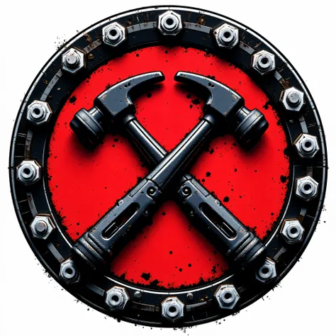 Logo. maximalism. black crossed hammers in a red circle decorated with white nuts.