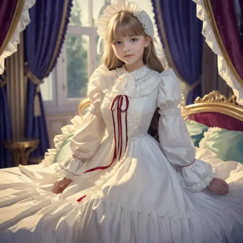 Highest Quality, masterpiece, highest resolution, art work, super get used to it, many Become familiar with, Become familiar with, get used to it,change,,little girl, Before going to bed,((12 years old)),European,((long blonde hair:1.0)),(((white nightgown...