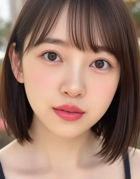 Beautiful Young Woman, Euphoric Smile , Extremely pouty lips, lips pushed forward, Lipsきつくキスしたくなるような口元, Lips、sharp O-shaped with a soft texture, Exaggerated Kiss Face, heart shaped lips , super glossy pink lips, red face, Red ears, Black Camisole, I can se...