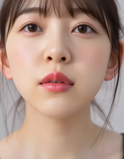 Beautiful Young Woman, Euphoric Smile , Extremely pouty lips, lips pushed forward, Lipsきつくキスしたくなるような口元, Lips、sharp O-shaped with a soft texture, Exaggerated Kiss Face, heart shaped lips , super glossy pink lips, red face, Red ears, Black Camisole, I can se...