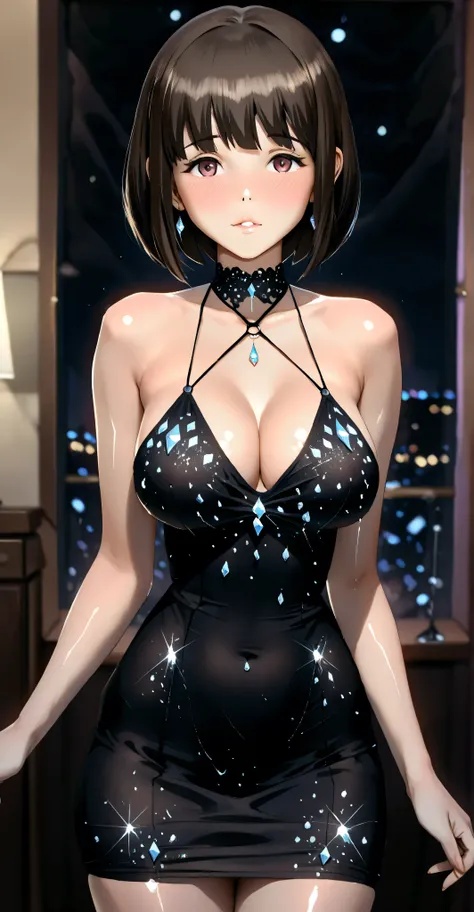 ((UHD. 4k. masterpiece. perfect anatomy. Hyper-detailed.))

A preteen with the body of a mature MILF.   has a round face , Brown bob hair, bangs, She wears a black silk minidress adorned with small scattered shiny crystals,  with a pronounced halter, short...