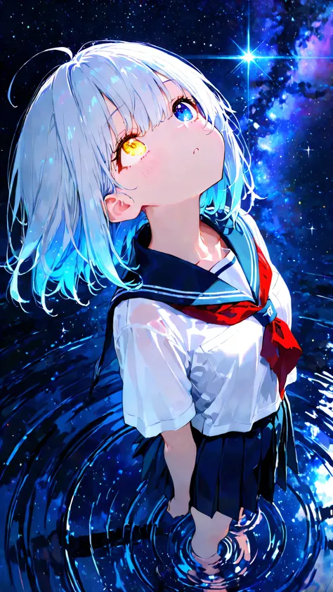 Cute,748cmstyle, (masterpiece:1.2, best quality), (beautiful detailed eyes:1.2), ((beautiful girl)), (very detailed CG, ultra detailed), (very detailed and beautiful:1.1), (perfect details:1.1), a cute schoolgirl, solo, standing on a reflective water surfa...