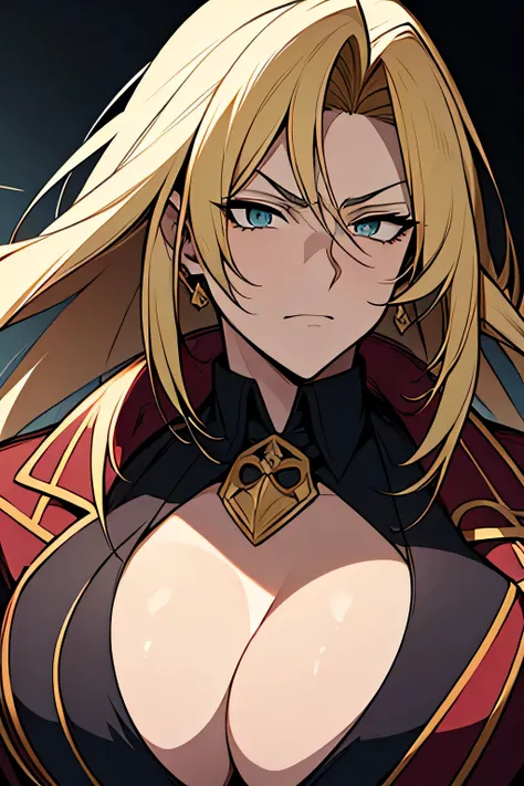 anime style, ultra detailed portrait, upper body, large muscular older mafia woman with wild voluminous blonde hair swept back, battle scars visible on face, neck and arms, piercing cold eyes, broad shoulders, strong jawline, wearing a luxurious black suit...