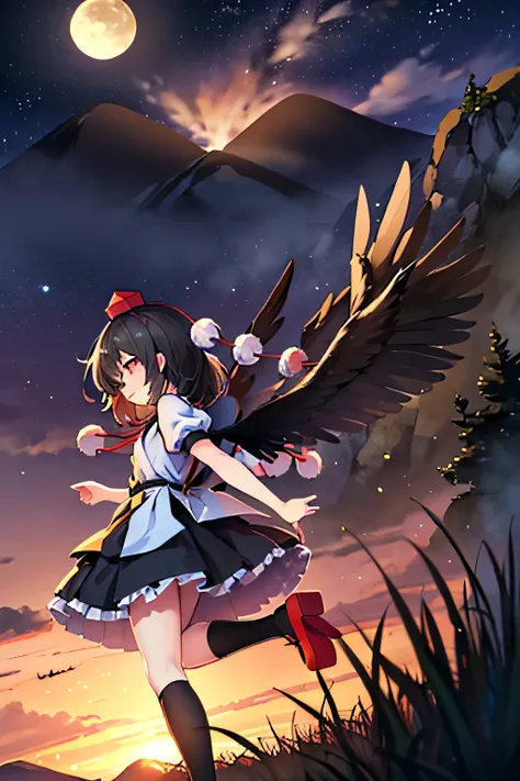 Aya Shameimaru(touhou) Karasutengu Dusk Take the night past midnight
The wind dredged the ground and dragged the field to his mountain
If there is a laughing gate, double return
With wings that bear disaster on their black backs and confuse with th...