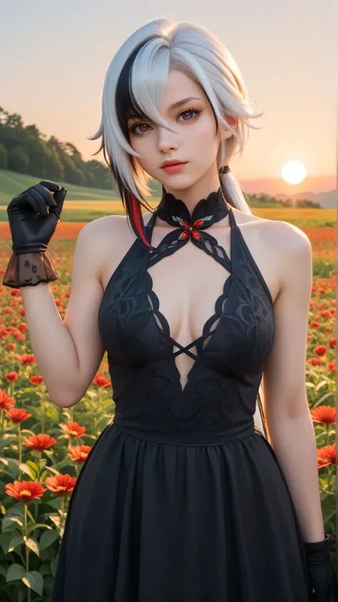 1girl, solo,arlecchino,long hair,low ponytail, multicolored hair,white hair with black stripe, outdoors,potrait,big breast,nature,standing,(sunrise:1.5),flower field, close up,sunrise, looking at viewer,(wear black dress:1.5),close up,(black glove:1.5),fro...
