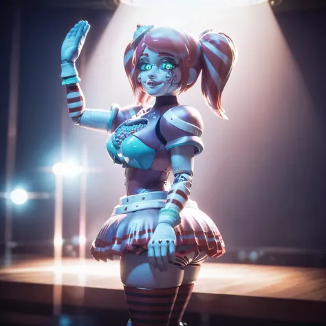score_9, score_8_up, score_7_up,score_6_up, score_5_up, highly detailed, lighting and shadowing, high res, android, skirt, looking at the viewer, standing in a dark stage, dark stage, spotlight, big breasts, wide hips ,hourglass figure, without skirt, show...