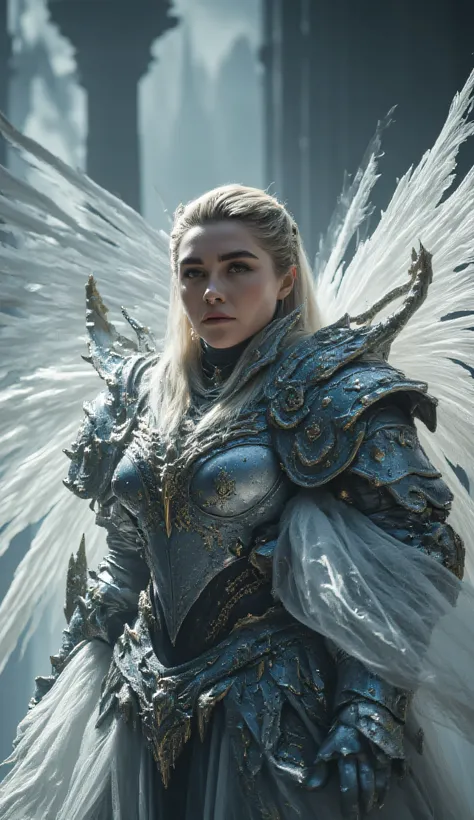 Florence Pugh as Dame Aylin, beautiful angelic warrior, silver and blue armor, glowing highlights, large majestic white wings, standing, gothic cathedral, serious expression, ethereal divine presence, cinematic fantasy illustration, ultra-detailed, photore...