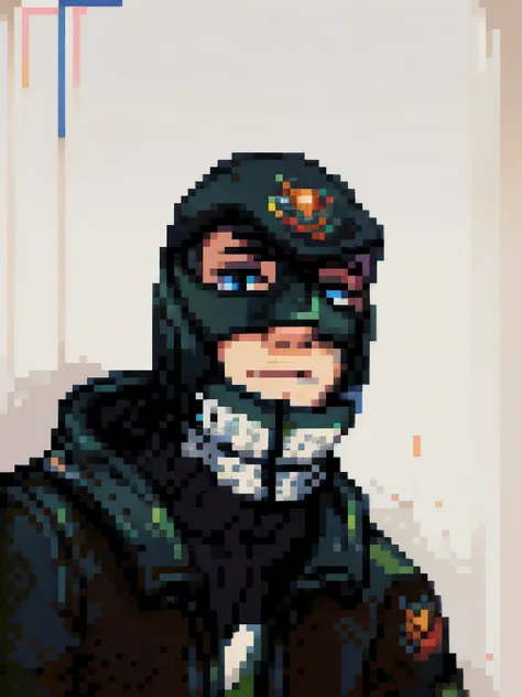 a man, mask, white text on mask, ((in the style of pixel art)), pixel, 4 bits pixel art, pixel official art, ultra detailed pixel art, pixel art