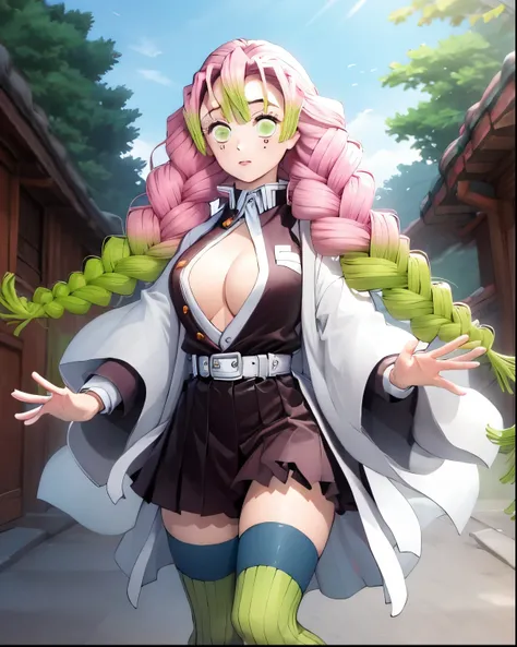 masterpiece, best quality, highres, aamitsuri, long hair, braid, multicolored hair, green eyes, mole under eye, big breasts, sexy, japanese clothes, cleavage, white jacket, haori, black shirt, open clothes, belt, pleated skirt, (black skirt:1.2), green thi...